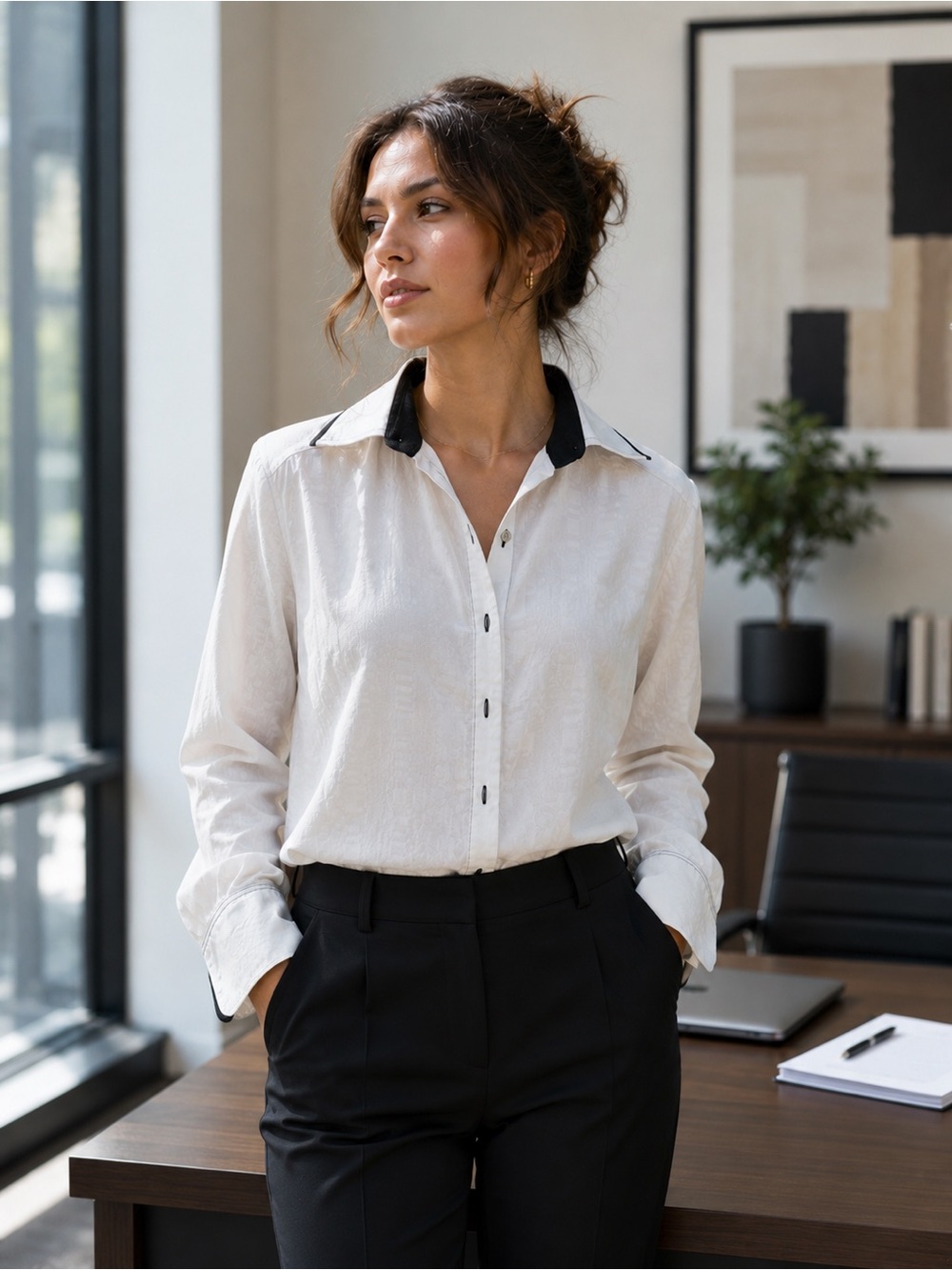 From Collars To Cuffs White Button Down Shirt with Black Details